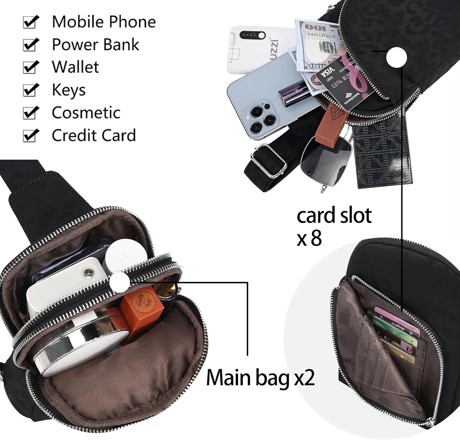 INICAT RFID Blocking Nylon Crossbody Bag for Women Small Sling Bag Travel Fanny Packs Belt Bag(Leopard-black)