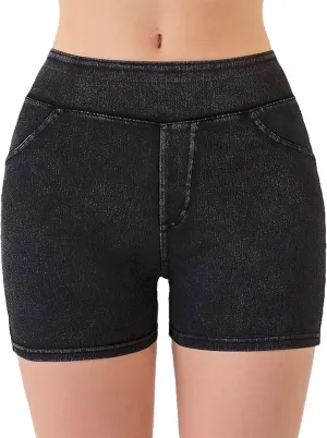 Jean Shorts Womens High Waisted Stretchy Tummy Control Denim Pull On Shorts Skinny Butt Lifting Jorts with Pockets