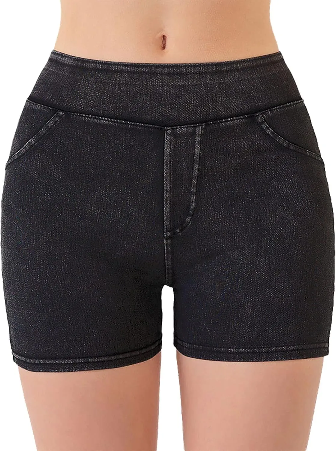 Jean Shorts Womens High Waisted Stretchy Tummy Control Denim Pull On Shorts Skinny Butt Lifting Jorts with Pockets