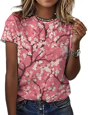JooMeryer Women's Plus Size Cherry Blossom Sakura Flower Printed Short Sleeve T-Shirt S-6X
