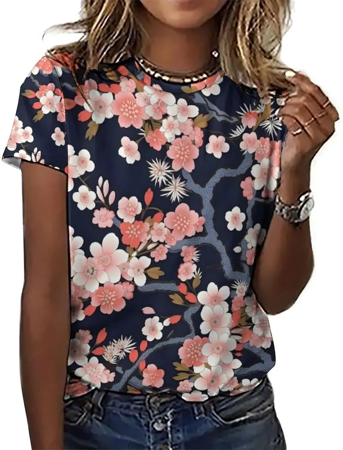 JooMeryer Women's Plus Size Cherry Blossom Sakura Flower Printed Short Sleeve T-Shirt S-6X