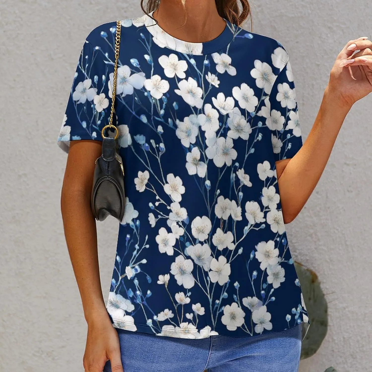 JooMeryer Women's Plus Size Cherry Blossom Sakura Flower Printed Short Sleeve T-Shirt S-6X