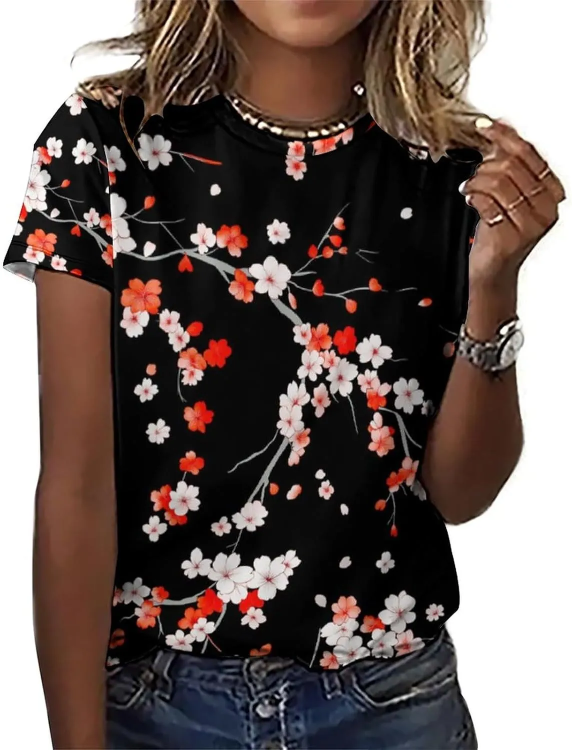 JooMeryer Women's Plus Size Cherry Blossom Sakura Flower Printed Short Sleeve T-Shirt S-6X