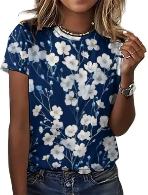 JooMeryer Women's Plus Size Cherry Blossom Sakura Flower Printed Short Sleeve T-Shirt S-6X