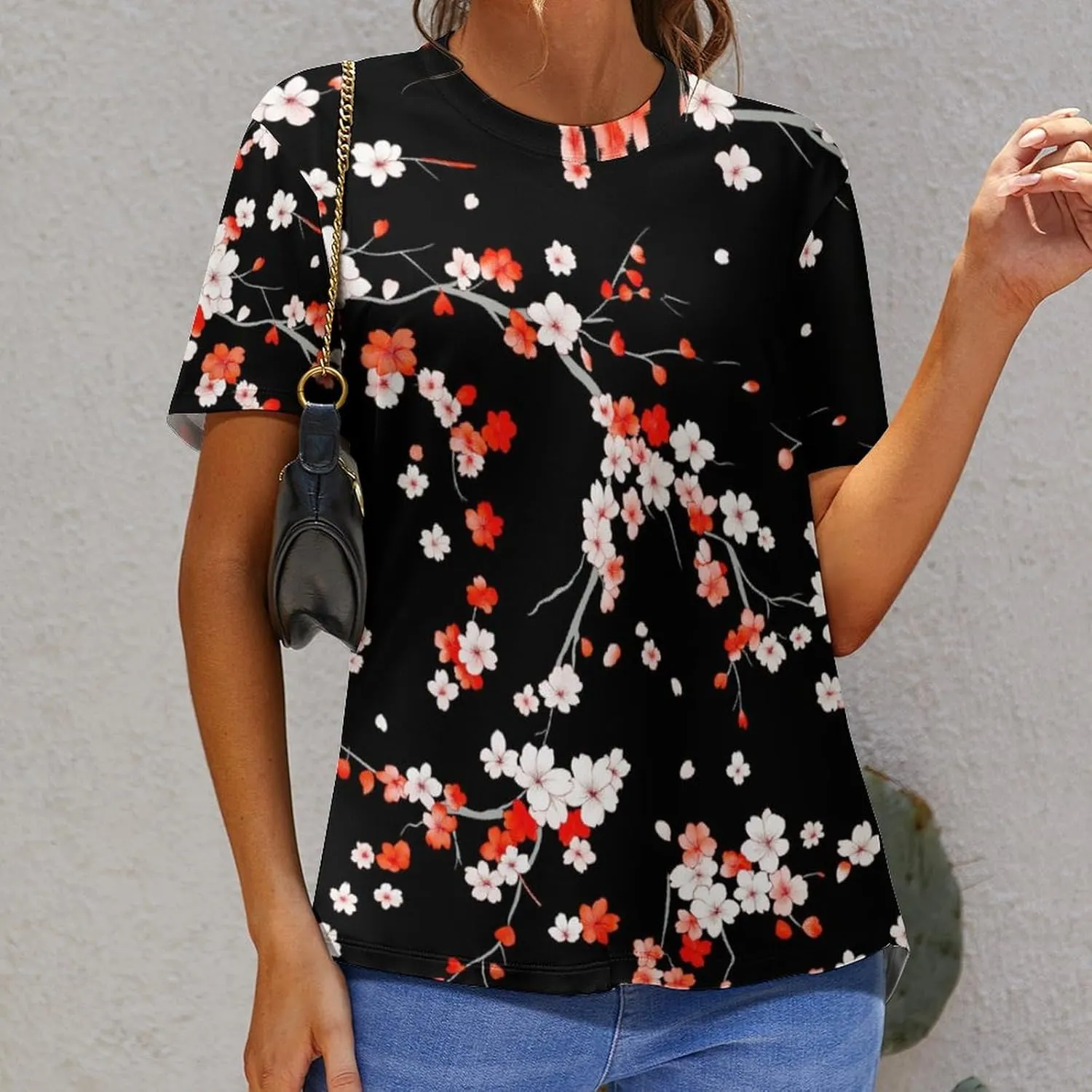 JooMeryer Women's Plus Size Cherry Blossom Sakura Flower Printed Short Sleeve T-Shirt S-6X