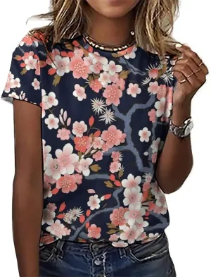 JooMeryer Women's Plus Size Cherry Blossom Sakura Flower Printed Short Sleeve T-Shirt S-6X