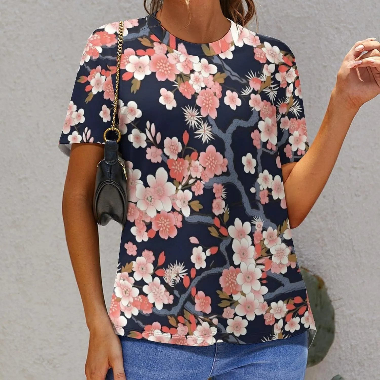 JooMeryer Women's Plus Size Cherry Blossom Sakura Flower Printed Short Sleeve T-Shirt S-6X