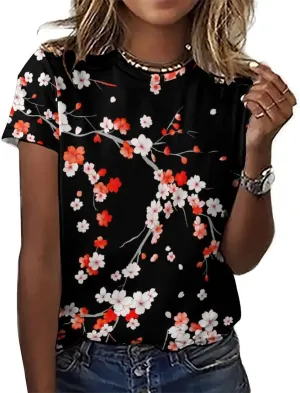 JooMeryer Women's Plus Size Cherry Blossom Sakura Flower Printed Short Sleeve T-Shirt S-6X