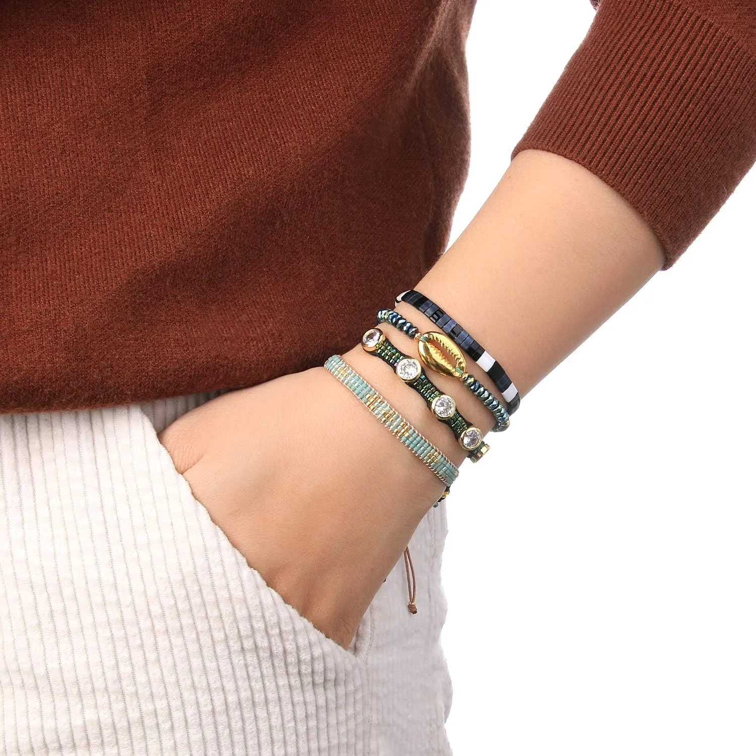 KELITCH Crystal Nail Miyukyi Beads Wax Rope Bracelets Friendship Bracelets for Women New Summer Charm Bracelets