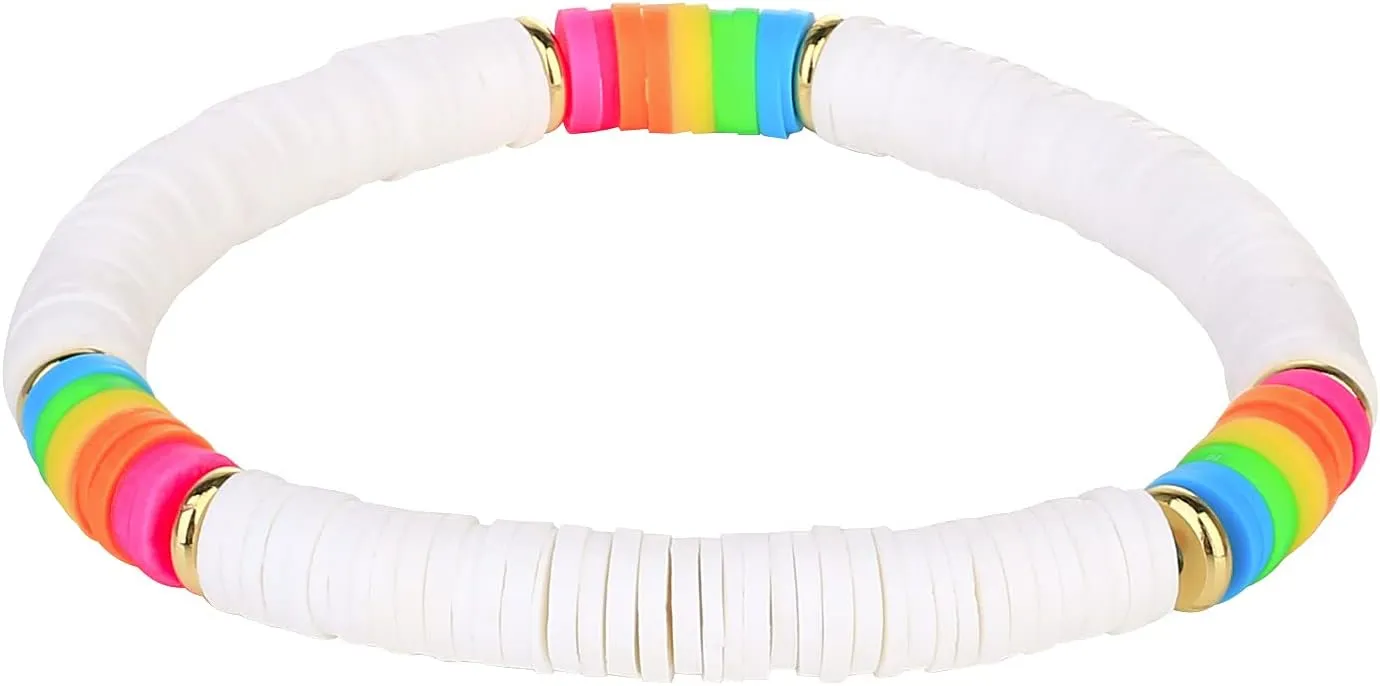 KELITCH Women Fashion Stretch Bracelets Colorful Heishi Beads Mixed Gold Disc Bracelets Handmade Friendship Bracelets
