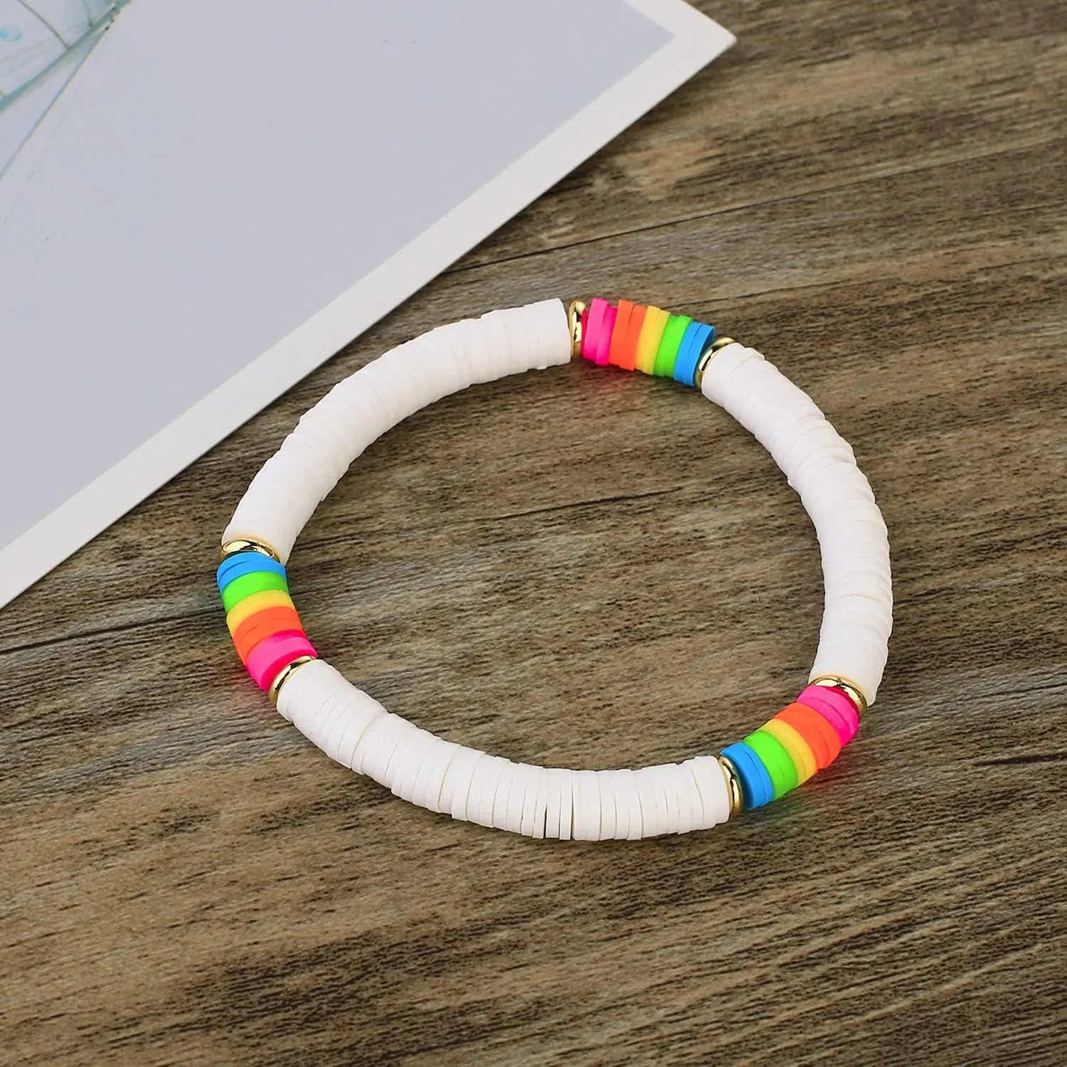 KELITCH Women Fashion Stretch Bracelets Colorful Heishi Beads Mixed Gold Disc Bracelets Handmade Friendship Bracelets