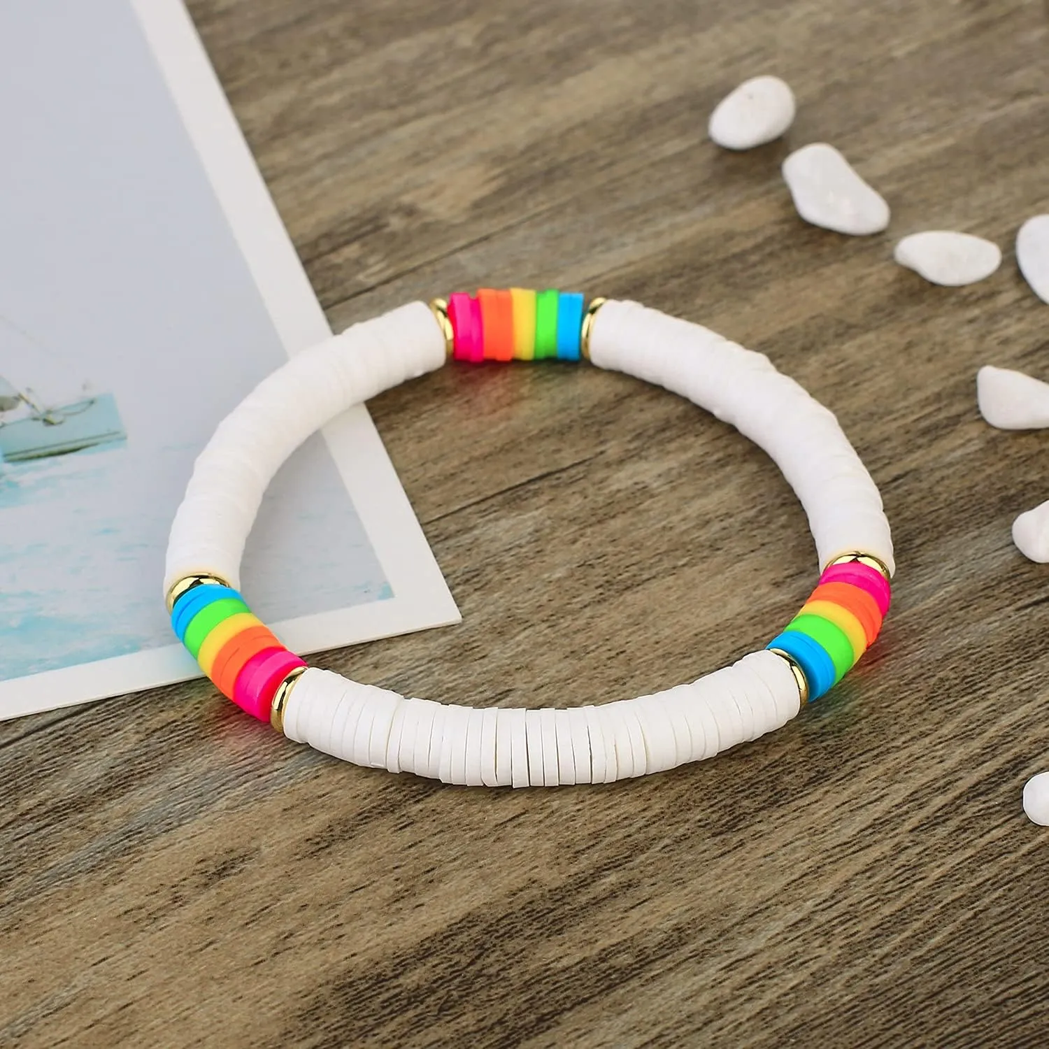 KELITCH Women Fashion Stretch Bracelets Colorful Heishi Beads Mixed Gold Disc Bracelets Handmade Friendship Bracelets