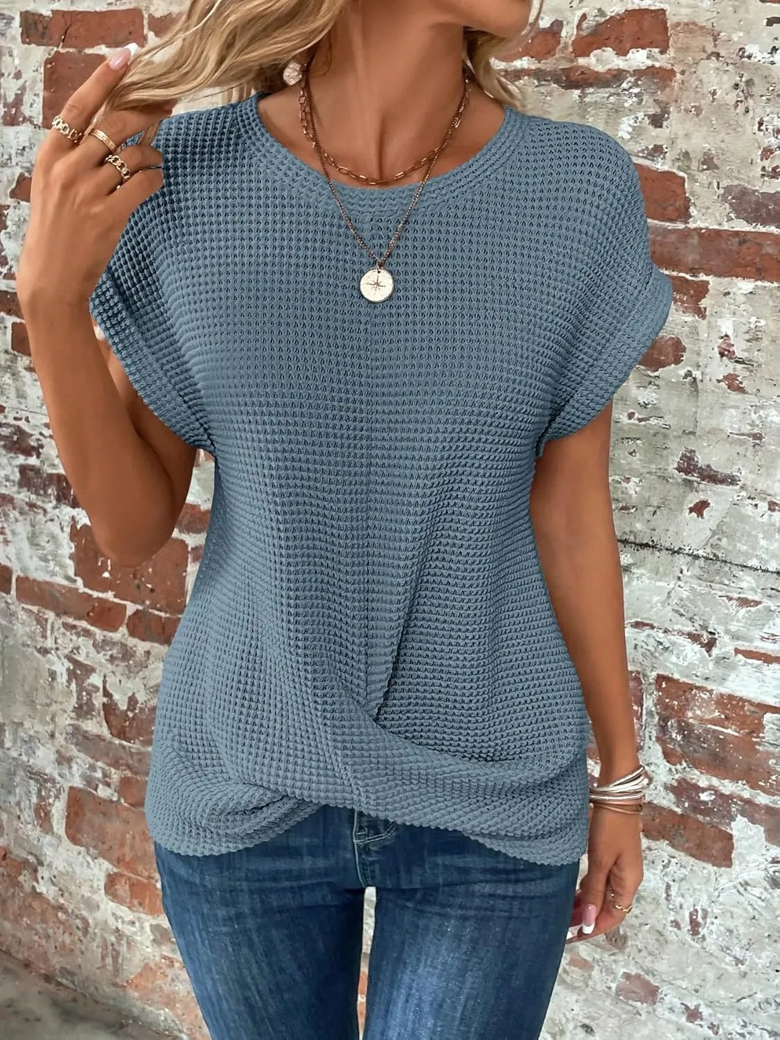 KevaMolly Womens T Shirts Solid Batwing Sleeve Cross Wrap Hem Tee Casual Tshirt Trendy Fitted Tee Tops