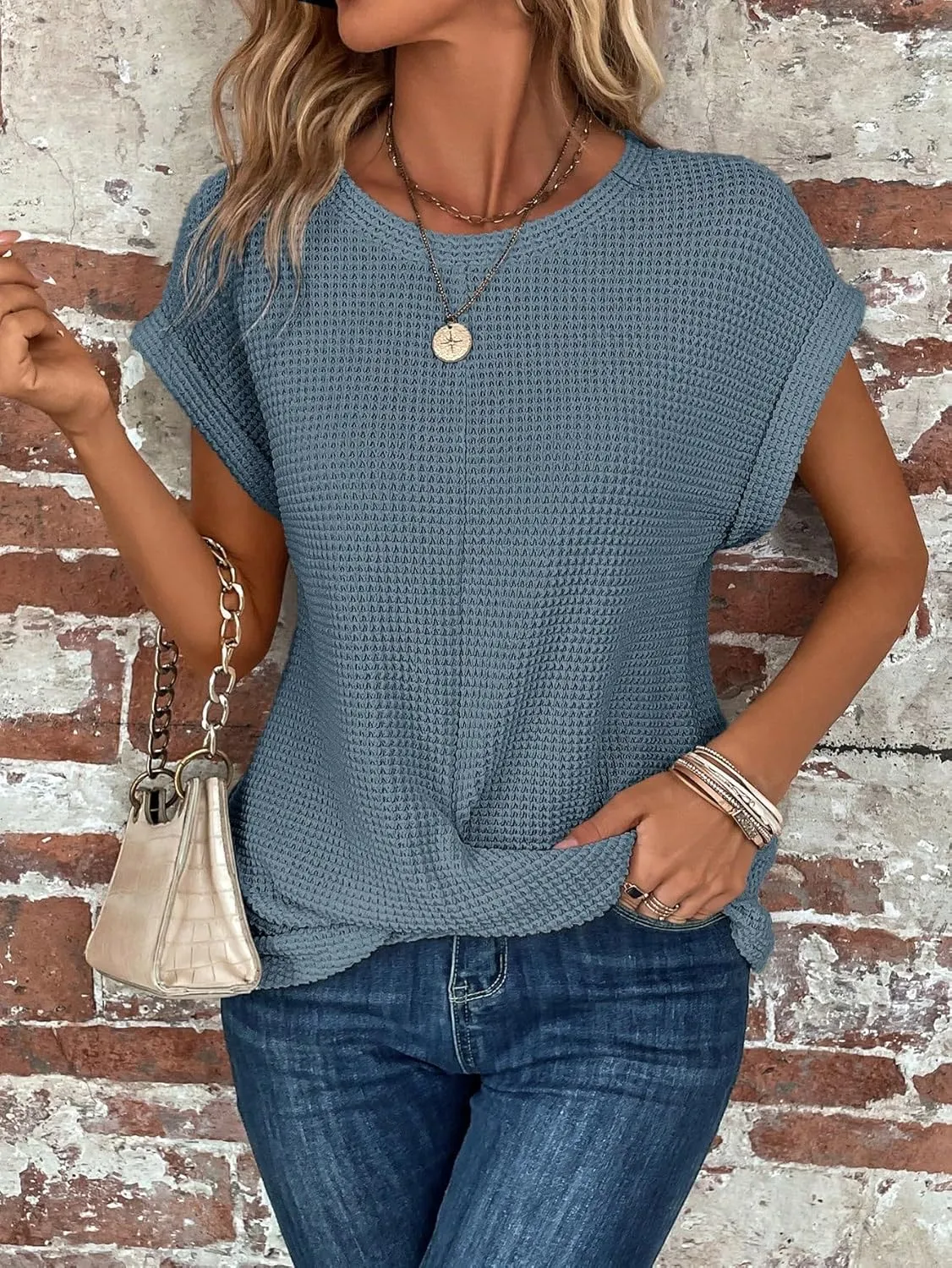 KevaMolly Womens T Shirts Solid Batwing Sleeve Cross Wrap Hem Tee Casual Tshirt Trendy Fitted Tee Tops
