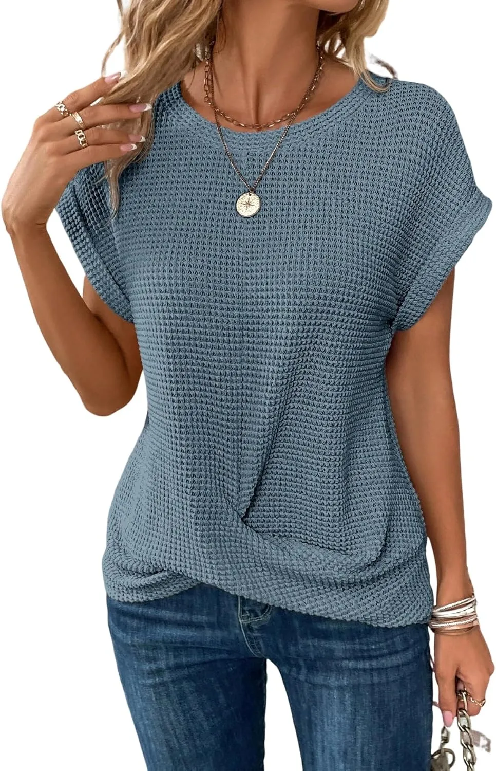 KevaMolly Womens T Shirts Solid Batwing Sleeve Cross Wrap Hem Tee Casual Tshirt Trendy Fitted Tee Tops