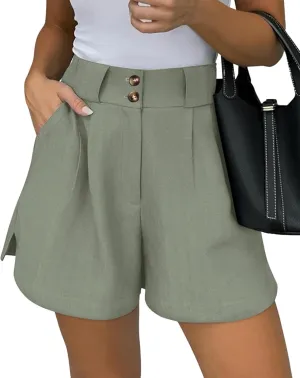KIRUNDO Womens Shorts Dressy Casual 2025 Trendy Summer Elastic High Waisted Pleated Side Slit Business Work Shorts Pockets