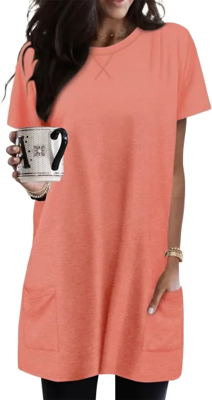 KISSMODA Womens Summer Tunic Tops for Leggings Casual Short Sleeve Long Shirts with Pockets