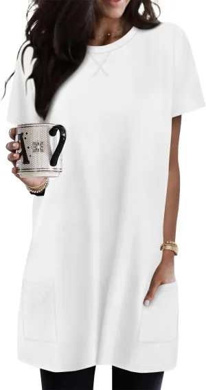 KISSMODA Womens Summer Tunic Tops for Leggings Casual Short Sleeve Long Shirts with Pockets