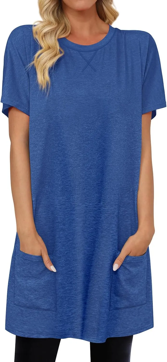 KISSMODA Womens Summer Tunic Tops for Leggings Casual Short Sleeve Long Shirts with Pockets
