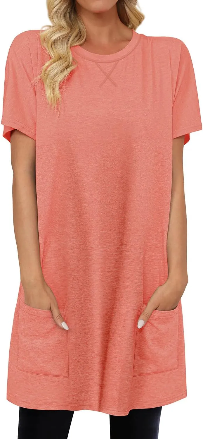 KISSMODA Womens Summer Tunic Tops for Leggings Casual Short Sleeve Long Shirts with Pockets