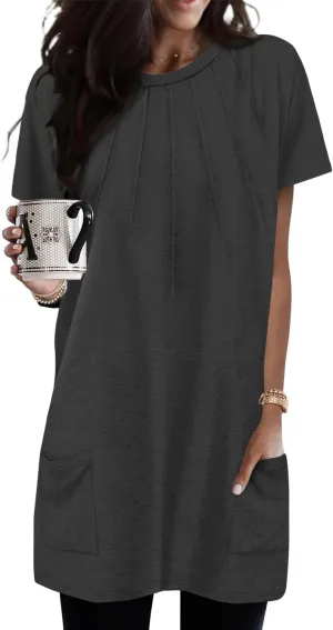 KISSMODA Womens Summer Tunic Tops for Leggings Casual Short Sleeve Long Shirts with Pockets