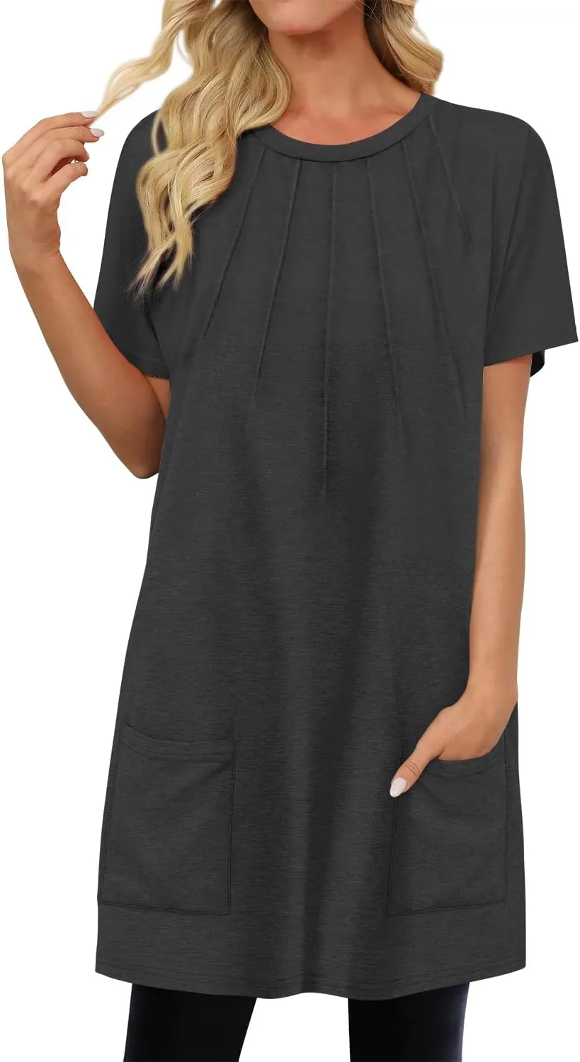 KISSMODA Womens Summer Tunic Tops for Leggings Casual Short Sleeve Long Shirts with Pockets