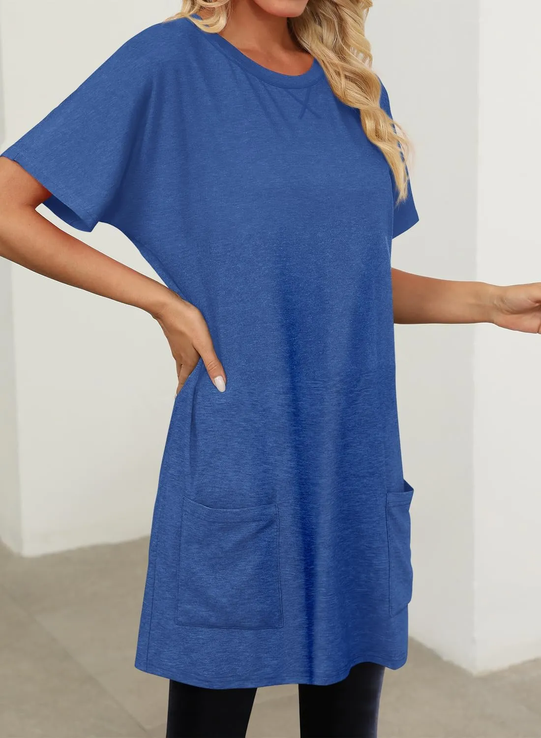 KISSMODA Womens Summer Tunic Tops for Leggings Casual Short Sleeve Long Shirts with Pockets