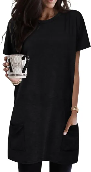 KISSMODA Womens Summer Tunic Tops for Leggings Casual Short Sleeve Long Shirts with Pockets