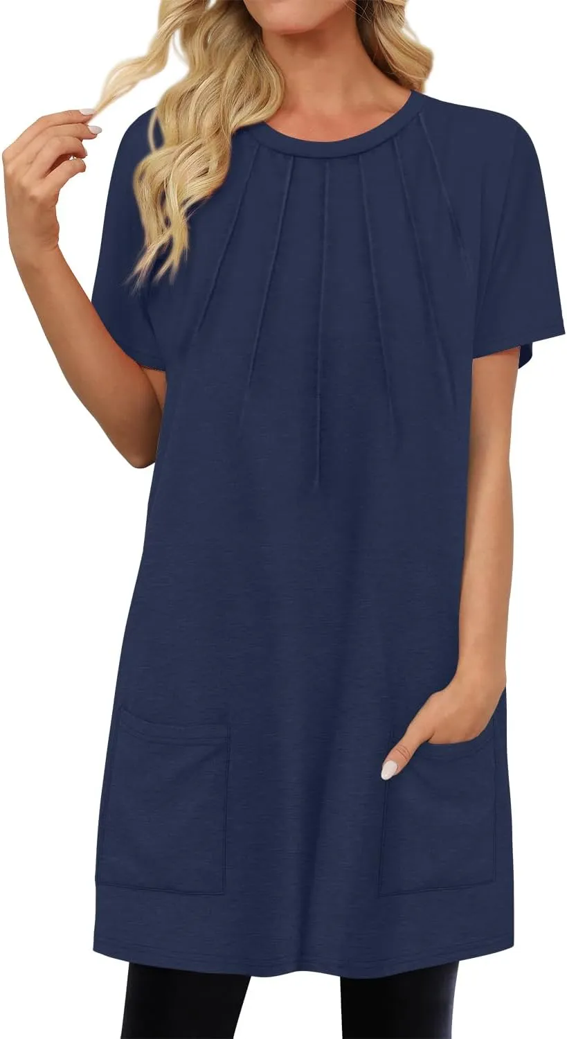 KISSMODA Womens Summer Tunic Tops for Leggings Casual Short Sleeve Long Shirts with Pockets
