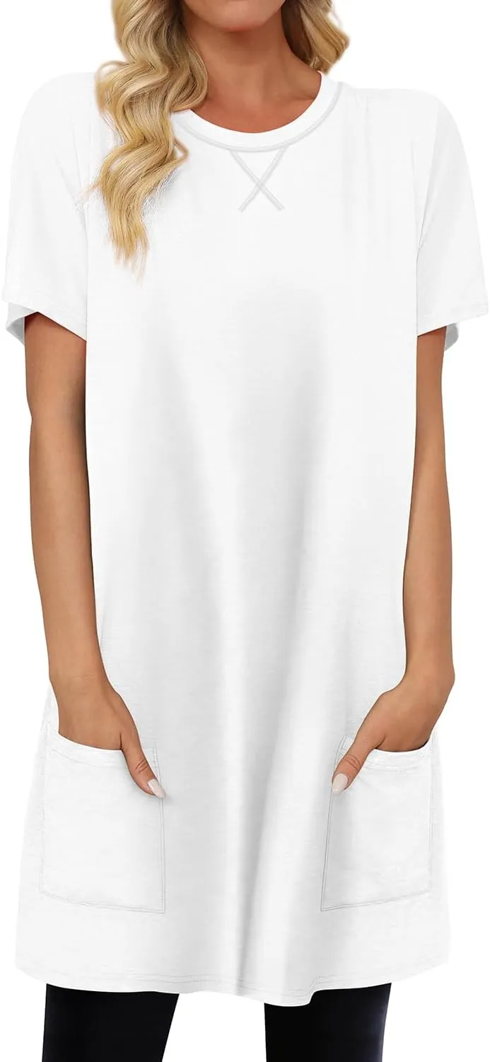KISSMODA Womens Summer Tunic Tops for Leggings Casual Short Sleeve Long Shirts with Pockets