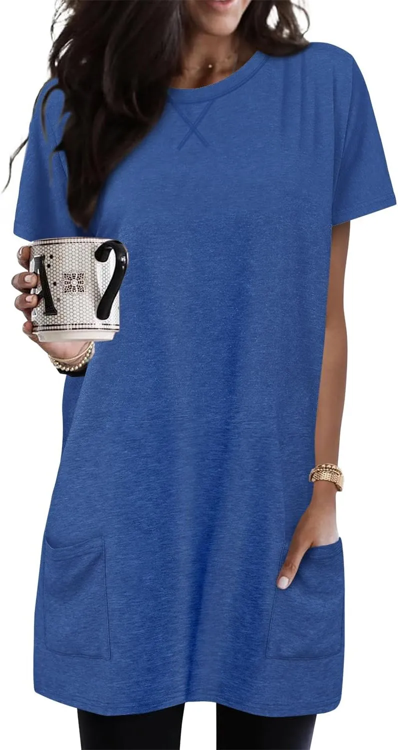 KISSMODA Womens Summer Tunic Tops for Leggings Casual Short Sleeve Long Shirts with Pockets