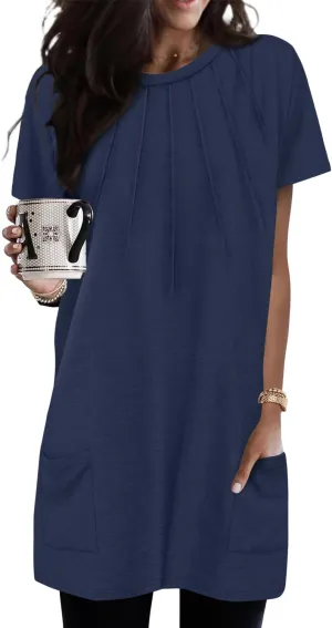 KISSMODA Womens Summer Tunic Tops for Leggings Casual Short Sleeve Long Shirts with Pockets
