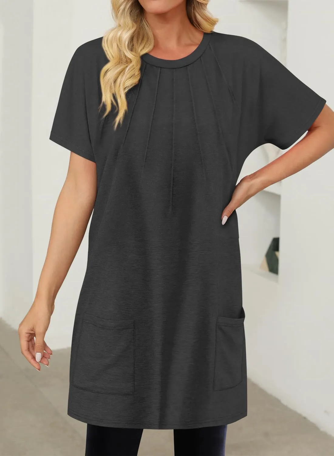KISSMODA Womens Summer Tunic Tops for Leggings Casual Short Sleeve Long Shirts with Pockets