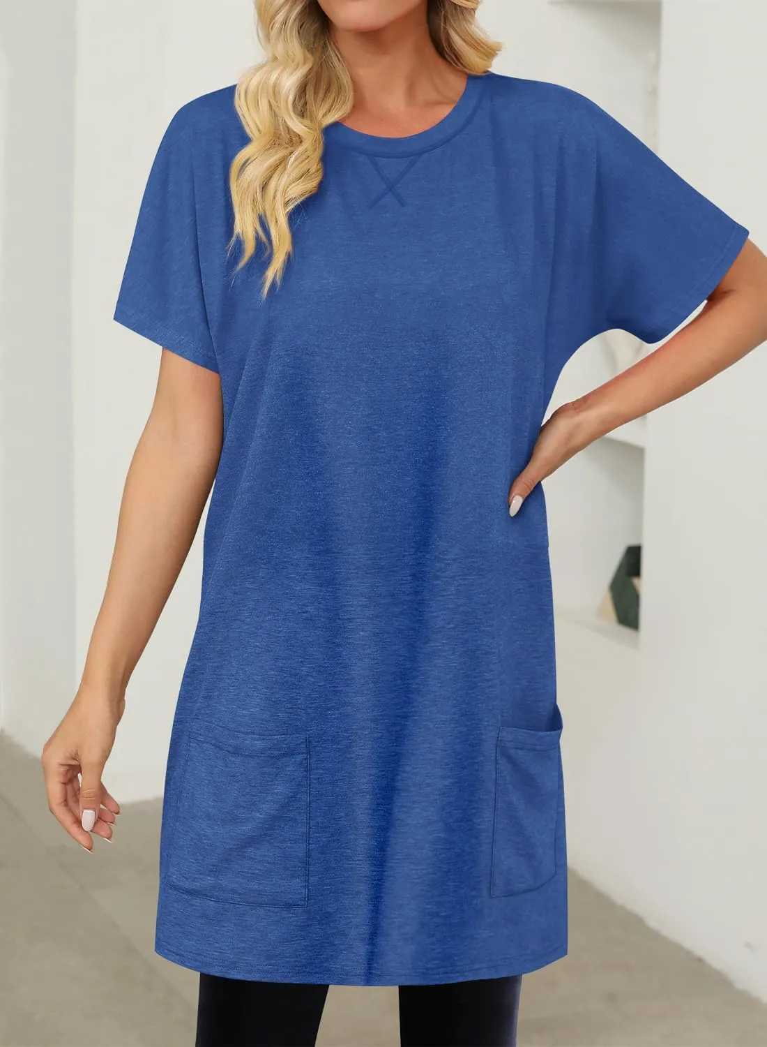 KISSMODA Womens Summer Tunic Tops for Leggings Casual Short Sleeve Long Shirts with Pockets