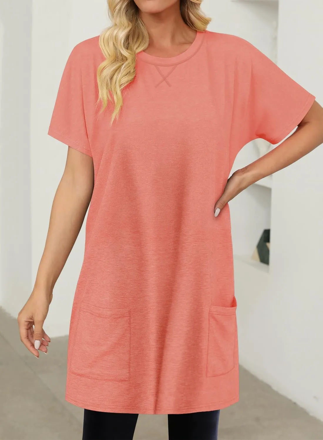 KISSMODA Womens Summer Tunic Tops for Leggings Casual Short Sleeve Long Shirts with Pockets