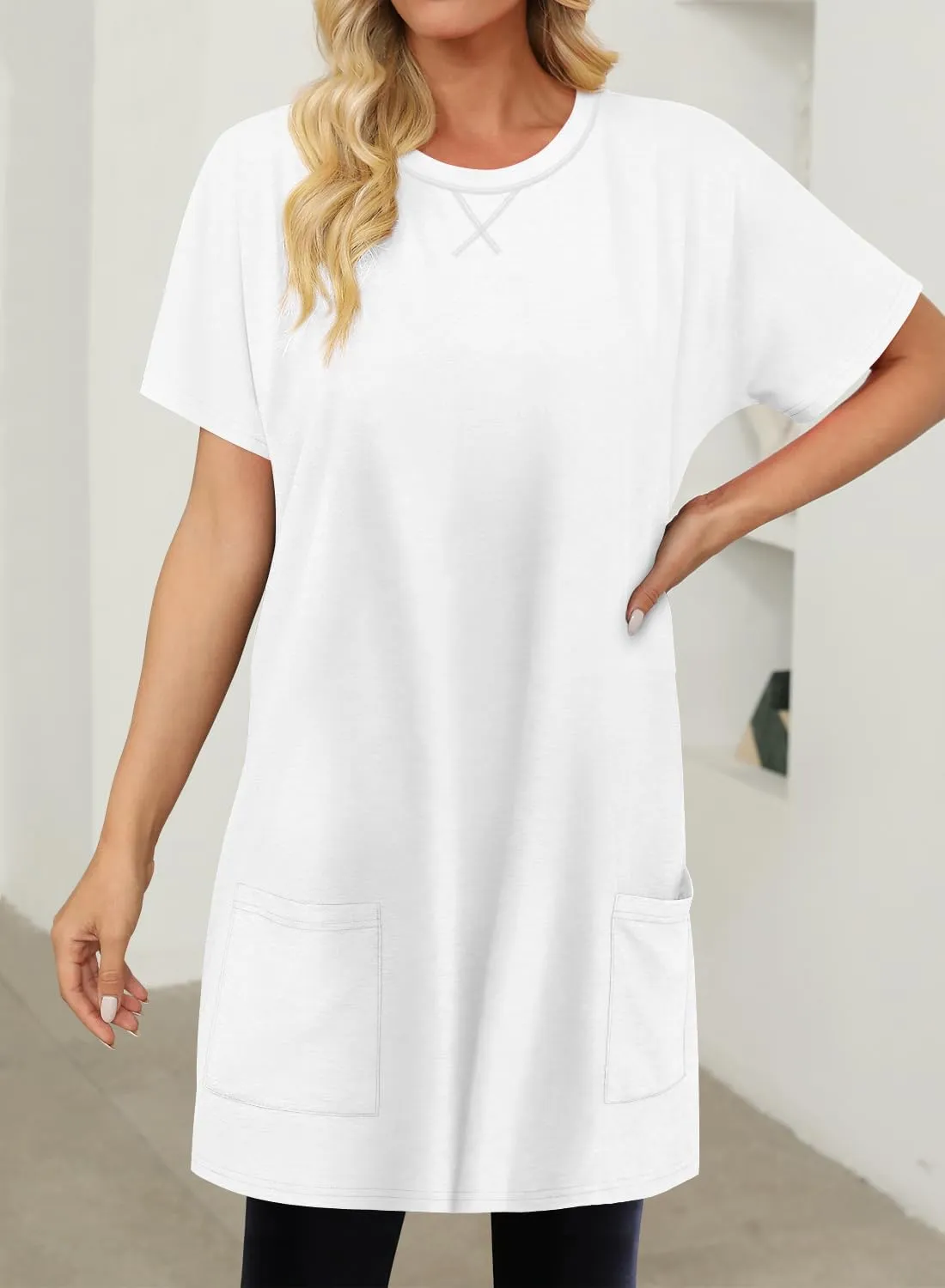 KISSMODA Womens Summer Tunic Tops for Leggings Casual Short Sleeve Long Shirts with Pockets