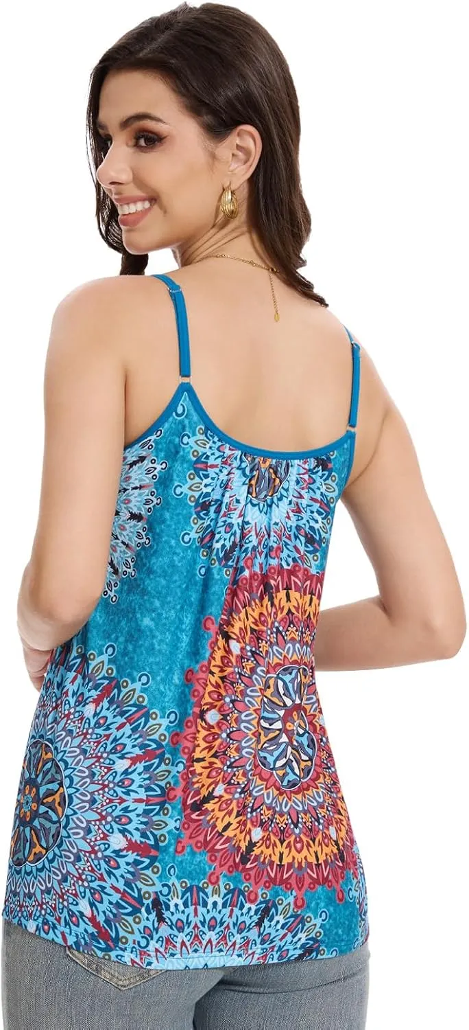 Knuffnee Women Tank Tops with Built in Bra Flowy Camisole Adjustable Spaghetti Straps Tank Top