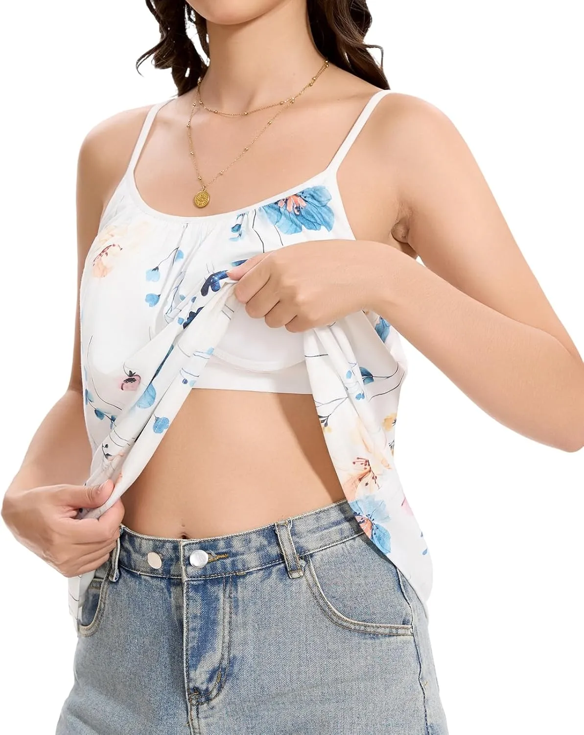 Knuffnee Women Tank Tops with Built in Bra Flowy Camisole Adjustable Spaghetti Straps Tank Top
