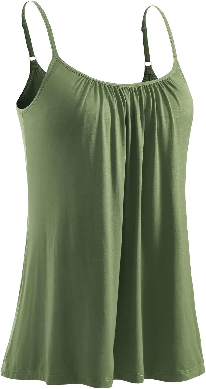 Knuffnee Women Tank Tops with Built in Bra Flowy Camisole Adjustable Spaghetti Straps Tank Top