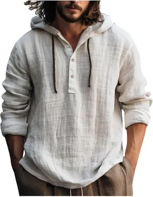 KUIOLYPOER Men's Cotton Linen Shirts Long Sleeve Hooded Drawstring Shirt Spring Summer Casual Loose Beach Shirts with Hood