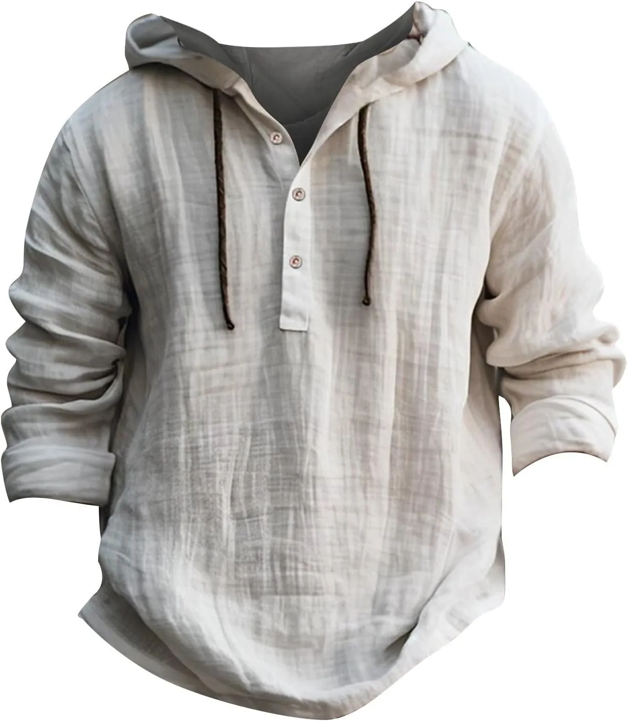 KUIOLYPOER Men's Cotton Linen Shirts Long Sleeve Hooded Drawstring Shirt Spring Summer Casual Loose Beach Shirts with Hood