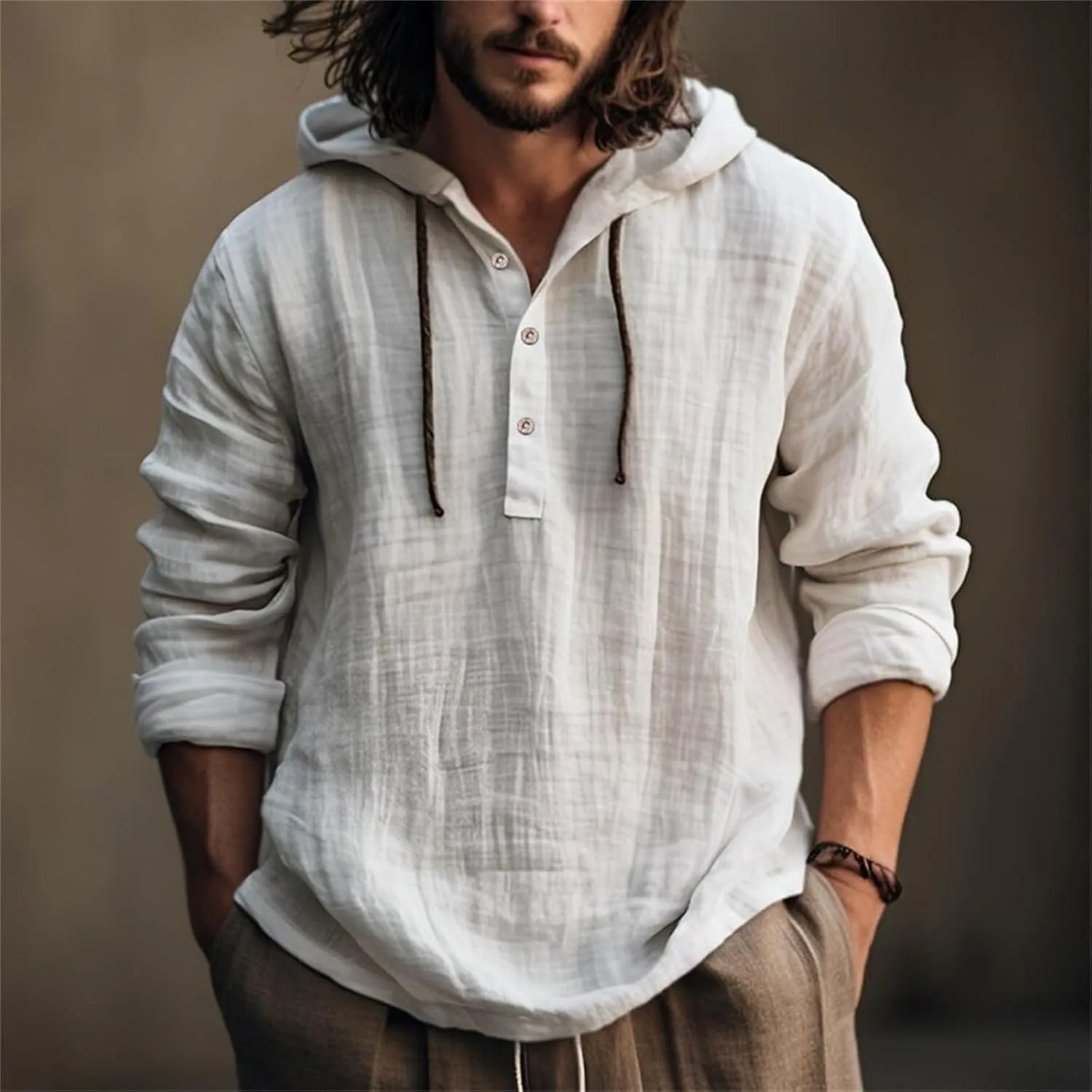 KUIOLYPOER Men's Cotton Linen Shirts Long Sleeve Hooded Drawstring Shirt Spring Summer Casual Loose Beach Shirts with Hood