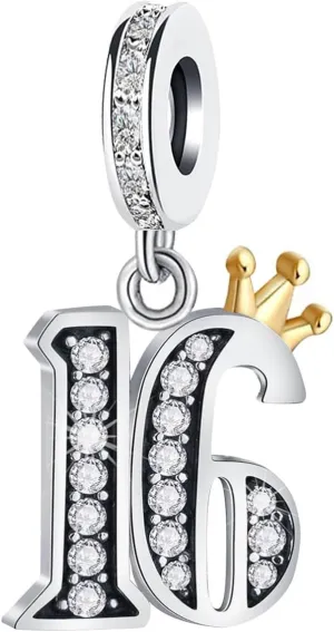 KunBead 13 16 18 21 30 40 50 60 70 Happy Birthday Crown Dangle Bead Charms Compatible with Pandora Charm Bracelet for Women