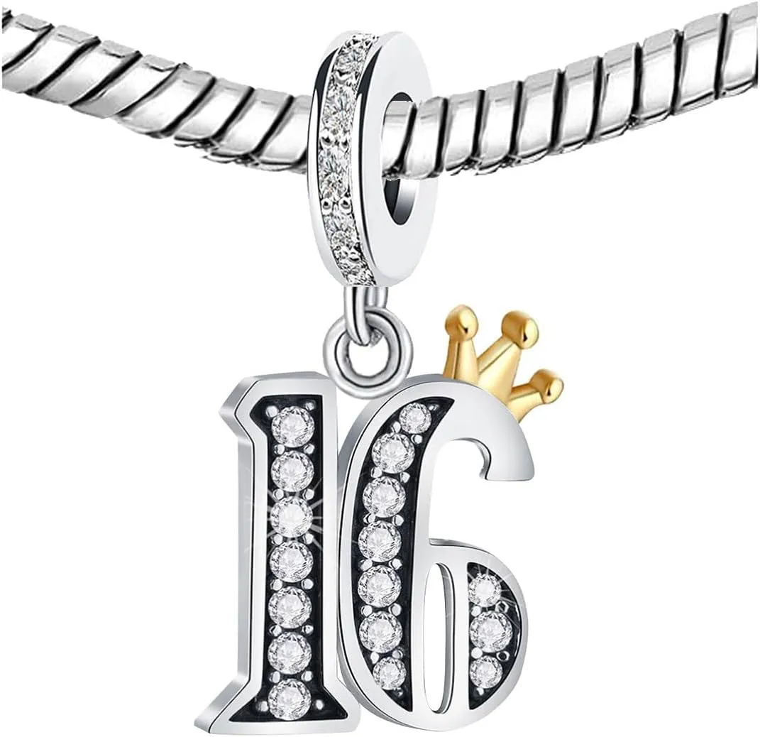 KunBead 13 16 18 21 30 40 50 60 70 Happy Birthday Crown Dangle Bead Charms Compatible with Pandora Charm Bracelet for Women