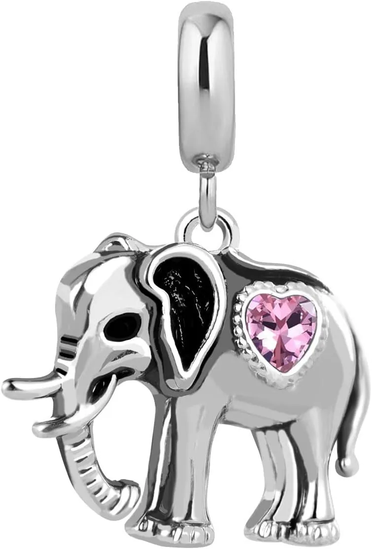 KunBead Cute Elephant Heart Love Lucky Birthday Dangle Bead Charms Compatible with Pandora Charm Bracelet for Women