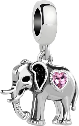KunBead Cute Elephant Heart Love Lucky Birthday Dangle Bead Charms Compatible with Pandora Charm Bracelet for Women
