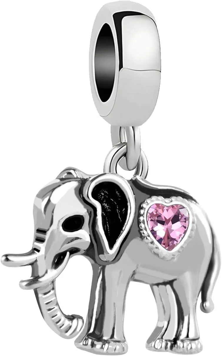 KunBead Cute Elephant Heart Love Lucky Birthday Dangle Bead Charms Compatible with Pandora Charm Bracelet for Women