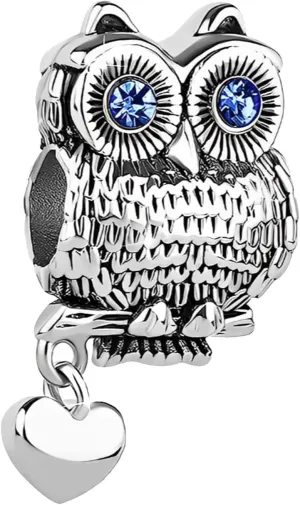 KunBead Cute Owl Crystal Eyes Love Heart Bead Charms Compatible with Pandora Charm Bracelets Birthday Jewelry Gifts for Women