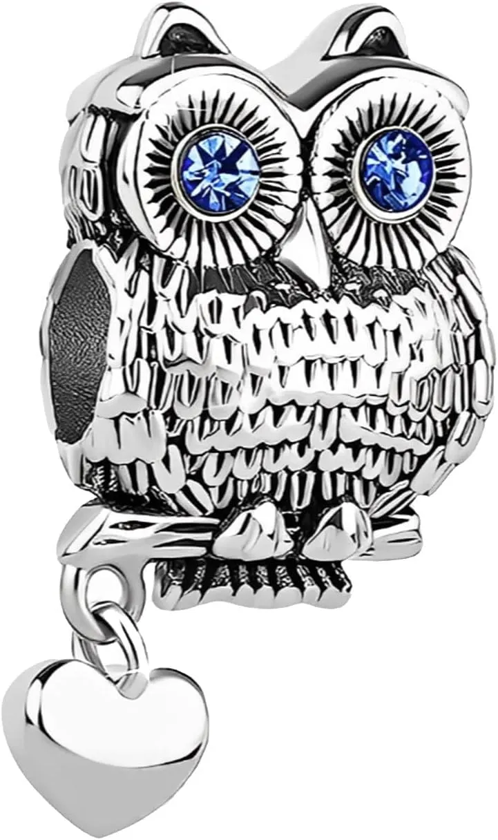 KunBead Cute Owl Crystal Eyes Love Heart Bead Charms Compatible with Pandora Charm Bracelets Birthday Jewelry Gifts for Women