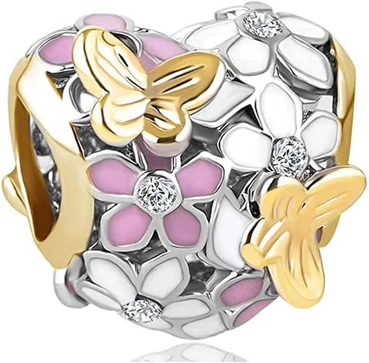 KunBead Flower Butterfly Bead Charm for Women Compatible with Pandora Bracelets